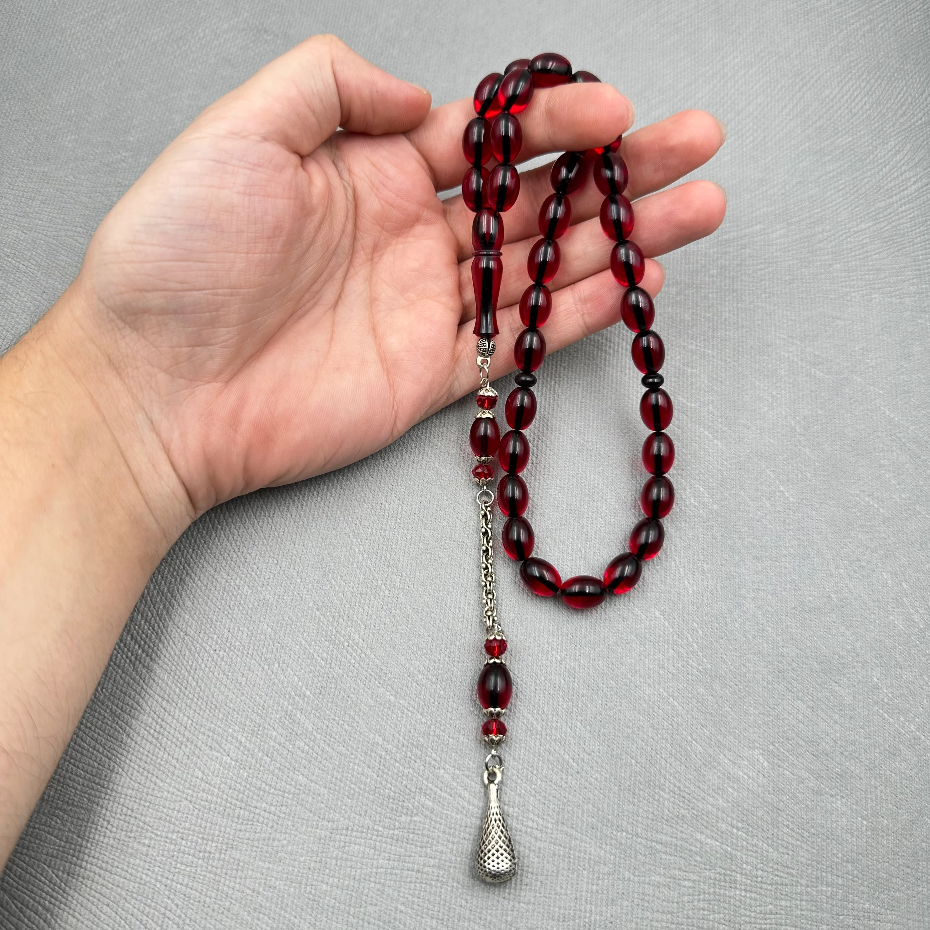 Alpaka Püsküllü Buğulu Hamur Kırmızı Ateş Kehribar Tespih